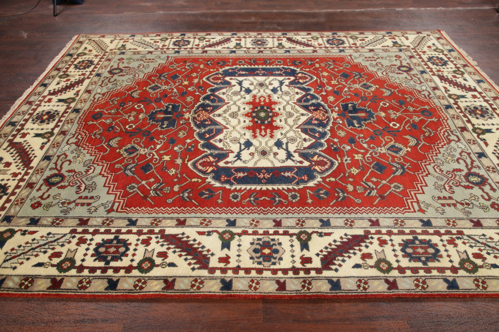 Traditional Heriz Oriental Hand-Knotted Indian Area Rug, Red, 10'1"x8'1