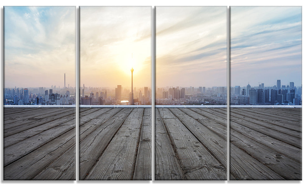"Buildings With Empty Wooden Board" Landscape Wall Wall Art, 4 Panels, 48"x28"