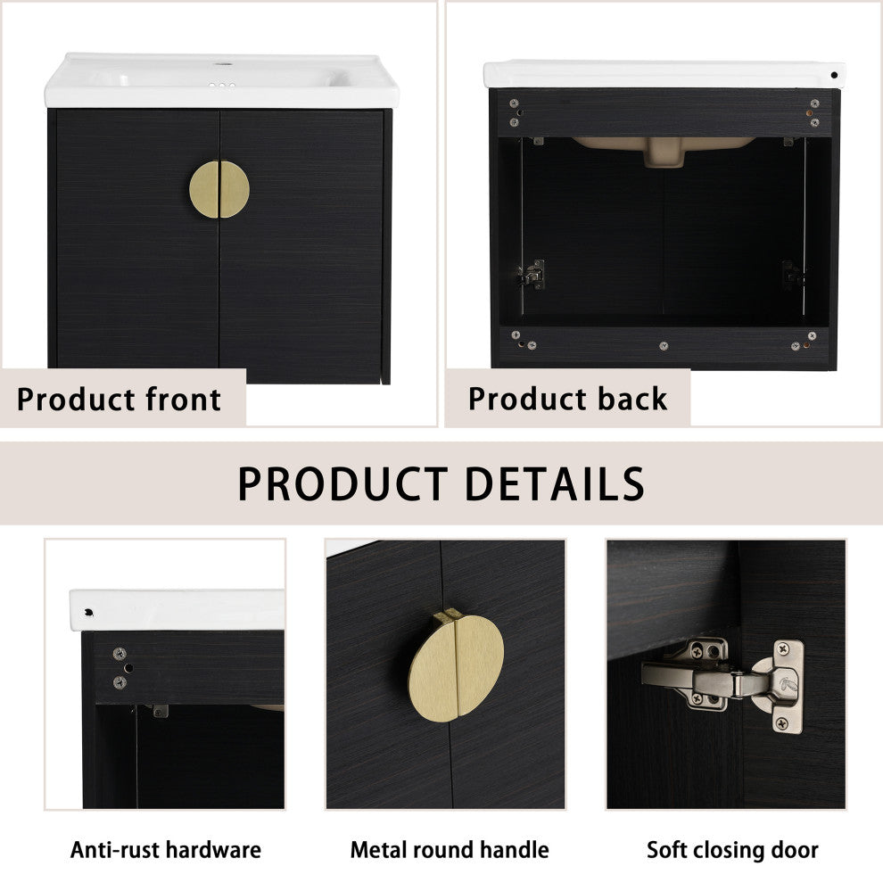 24" Plywood Wall Mounted Bath Vanity Set, Black, Ceramic Basin