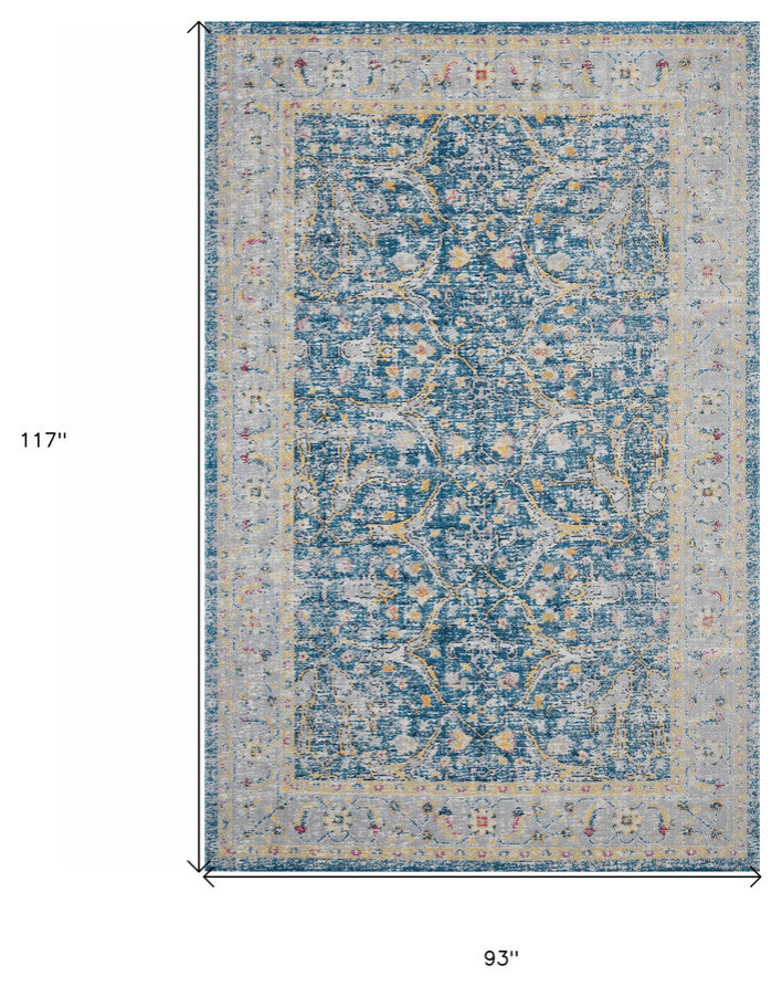 8' X 10' Blue Floral Stain Resistant Indoor Outdoor Area Rug