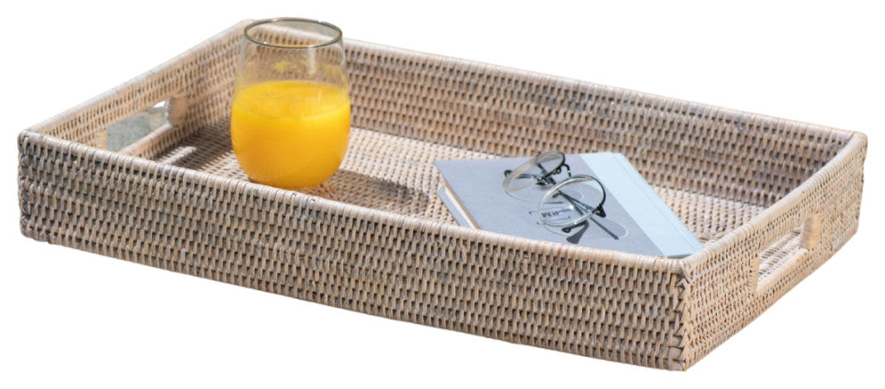 Artifacts Rattan Rectangular Tray With Cutout Handles, White Wash, Medium