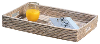 Artifacts Rattan Rectangular Tray With Cutout Handles, White Wash, Medium