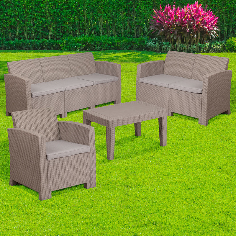 4 Piece Outdoor Faux Rattan Chair, Loveseat, Sofa and Table Set in Light Gray