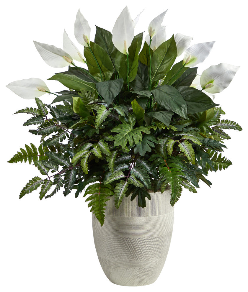 34" Mixed Spathiphyllum Artificial Plant, White Planter