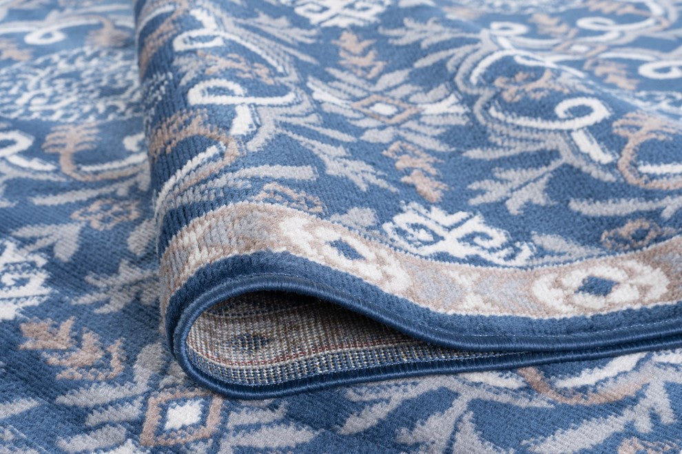 Izel Traditional Brocade Area Rug, Navy, 7'10'' Round