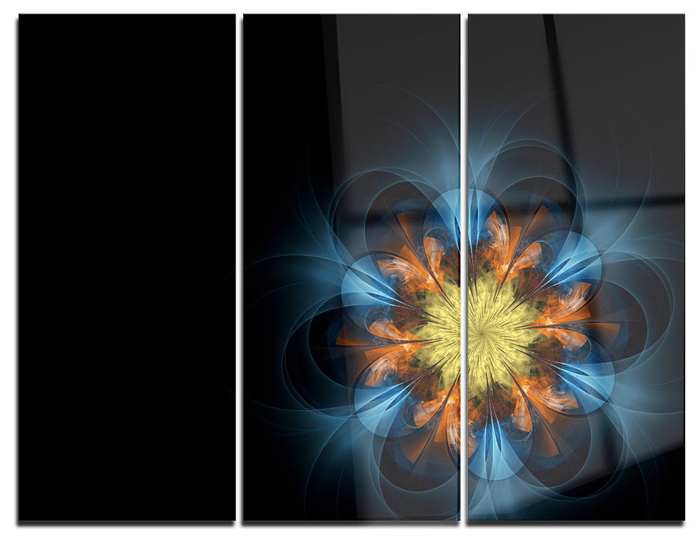"Symmetrical Blue Orange Fractal Flower" Metal Wall Art, 3 Panels, 36"x28"