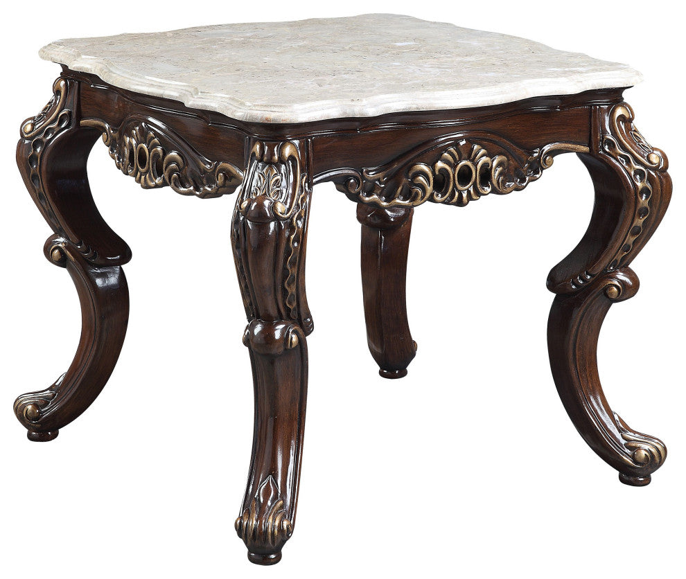 ACME Benbek End Table, Marble and Antique Oak Finish