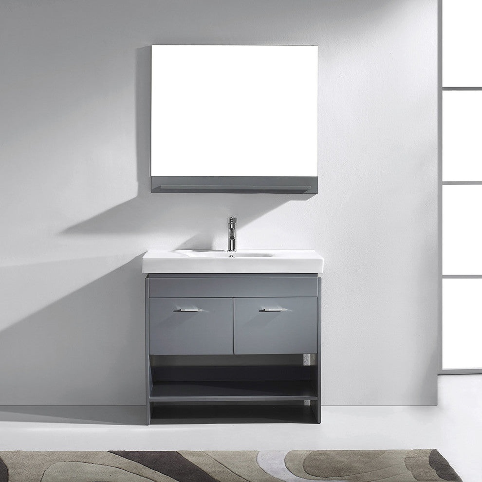 Virtu Gloria 36" Single Bathroom Vanity, Gray, Brushed Nickel Faucet, Mirror