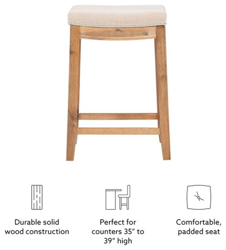 Linon Claridge 26" Counter Stool Natural Padded Seat Wood Frame in Rustic Brown