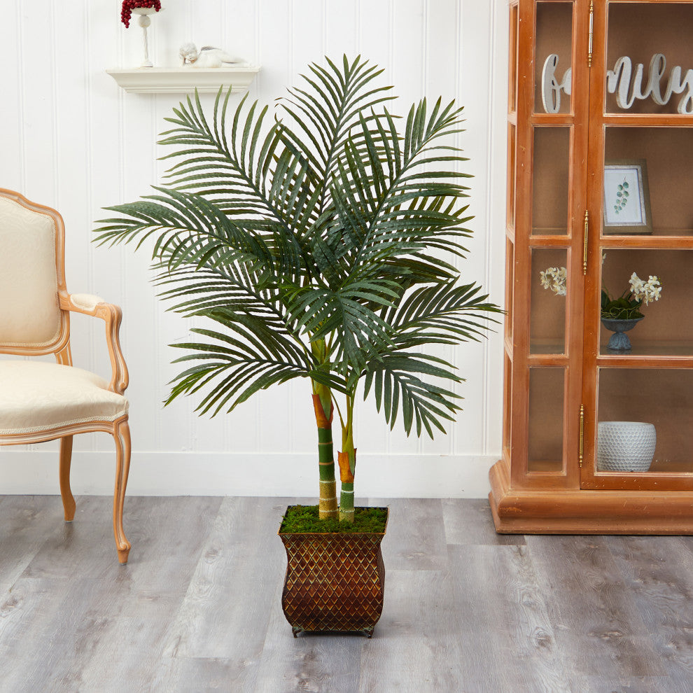 50" Golden Cane Artificial Palm Tree, Metal Planter