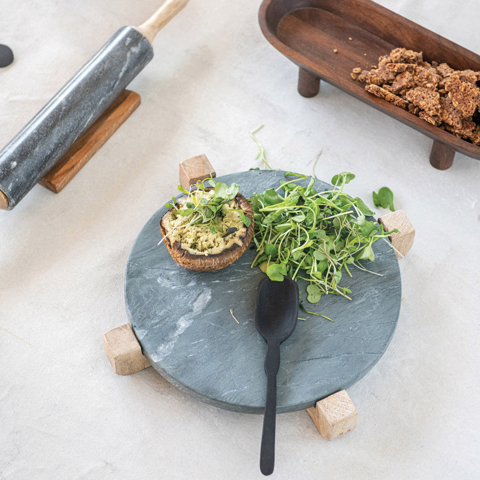 Marble Serving Board With Mango Wood Stand, Black/Natural, 2-Piece Set