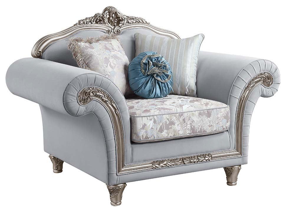 Chair With 3 Pillows, Light Gray Linen & Platinum Finish, Pelumi