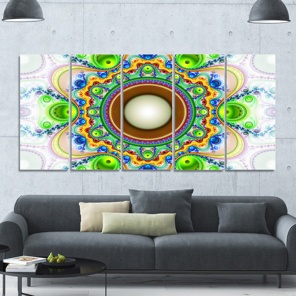 Green Fractal Circles and Waves, Abstract Canvas Art Print, 60"x28", 5 Panels
