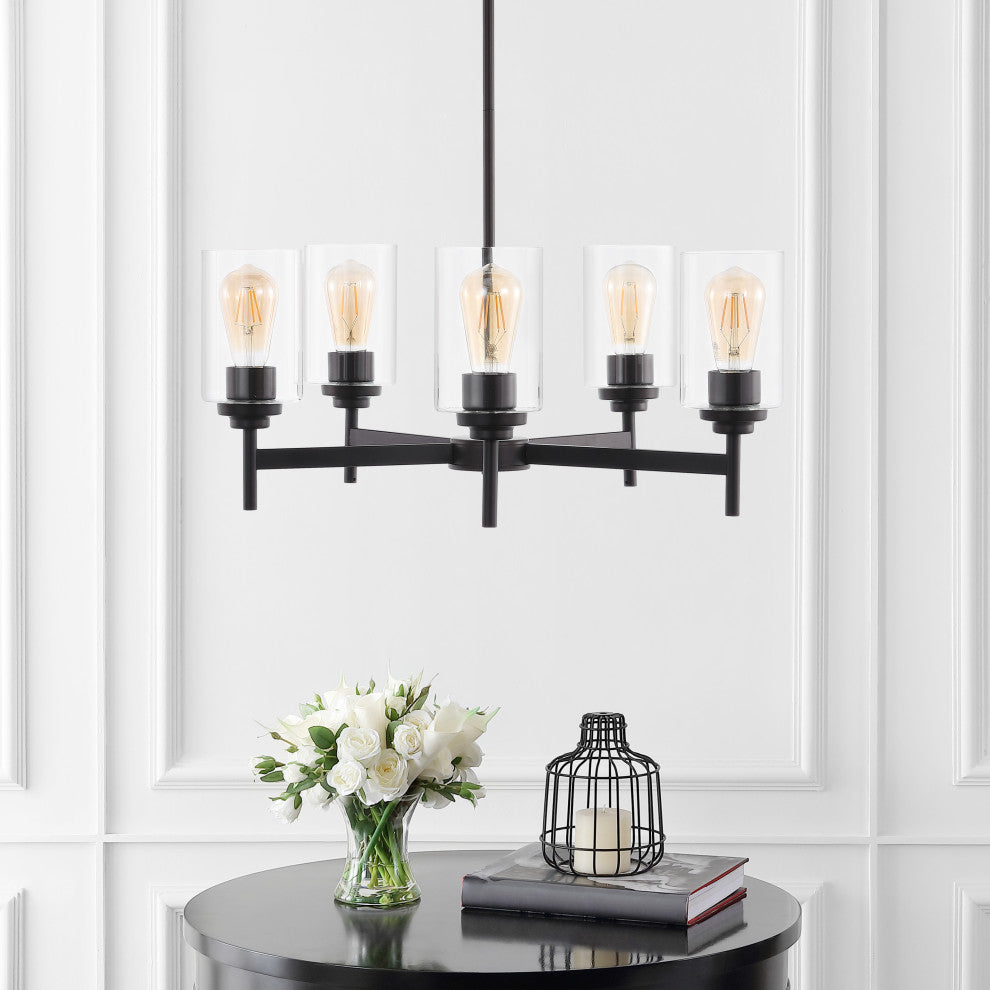Orpheus 24" 5-Light Farmhouse Cylinder LED Chandelier, Oil Rubbed Bronze/Clear