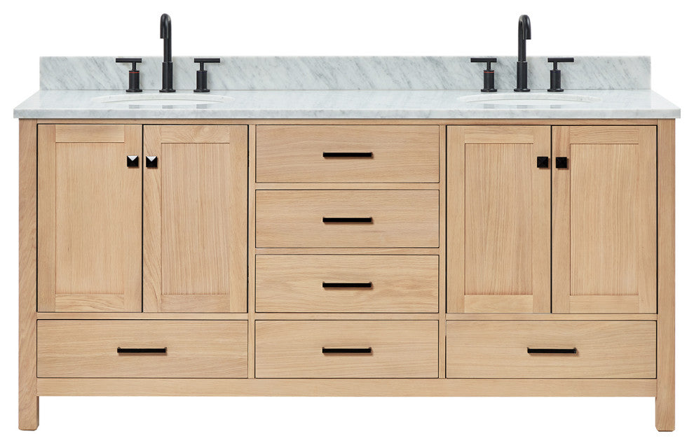 Cambridge 73" Double Bath Vanity With Italian Carrara Marble Top, Oak