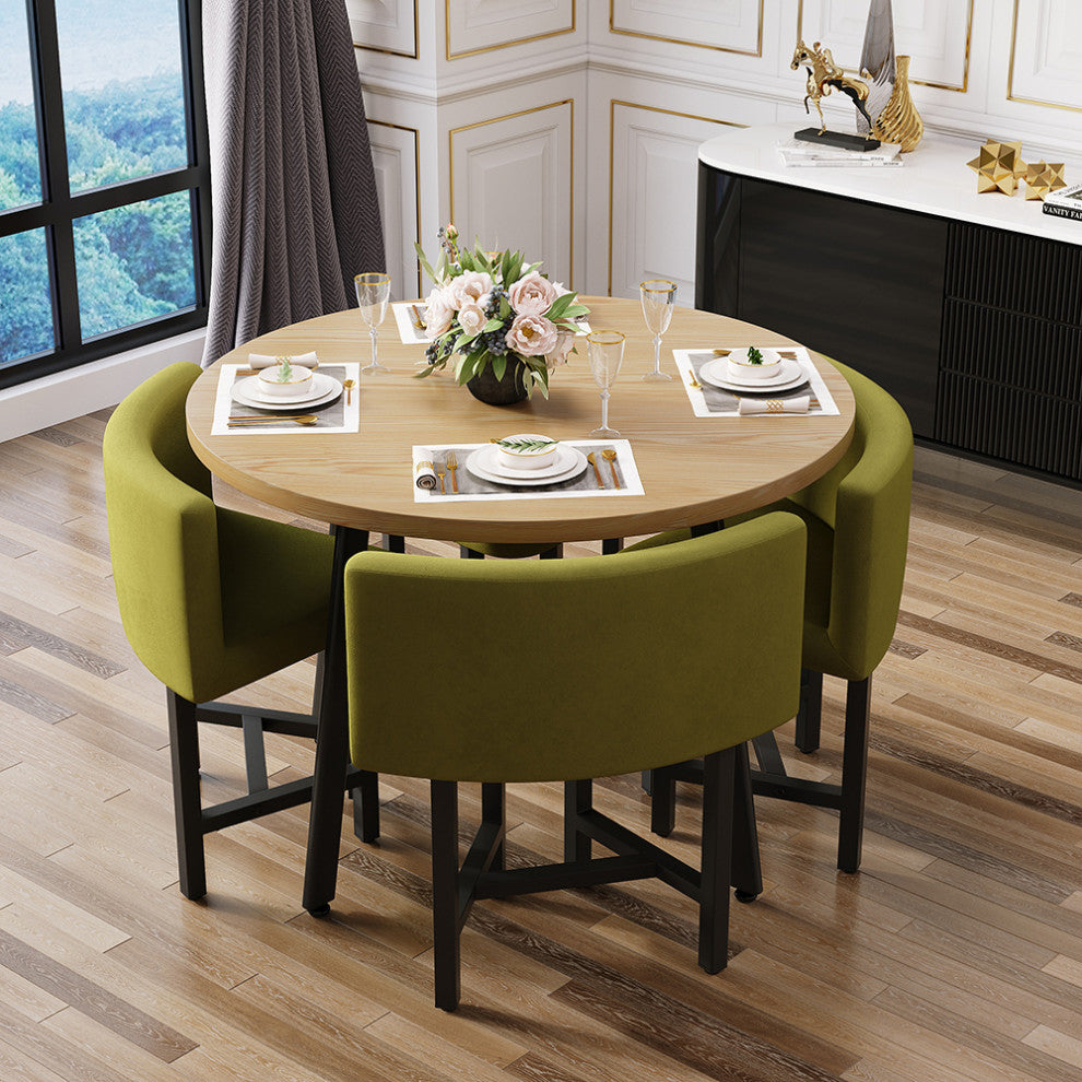 40" Round Wooden 4 Seater Dining Table Set Upholstered Chairs for Nook Balcony, Yellow