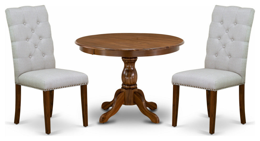 3 Pc Dining Set, Acacia Walnut Small Table, 2 Grey Chairs, Acacia Walnut Finish