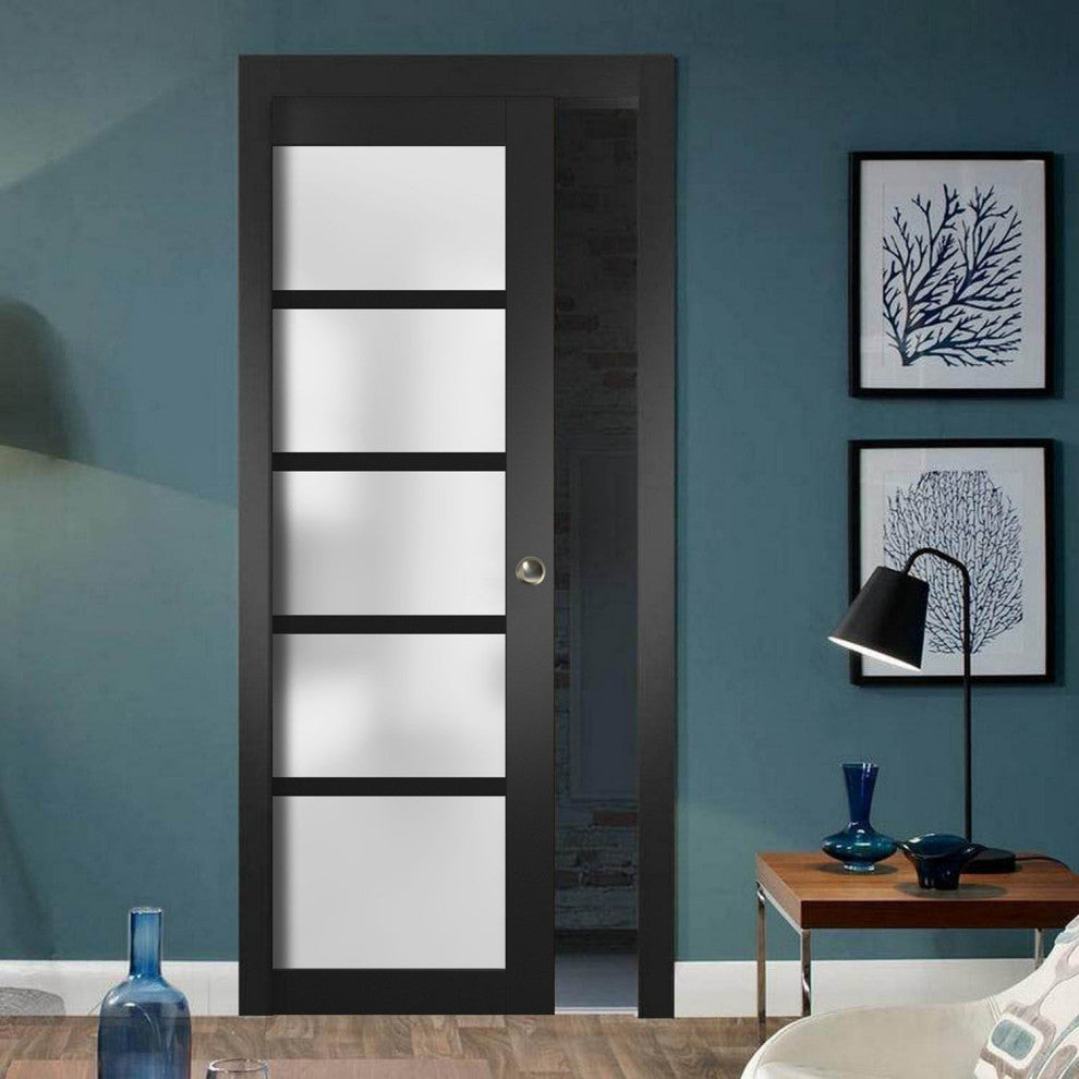 French Pocket Door 42 x 80 Frosted Glass, Quadro 4002 Matte Black