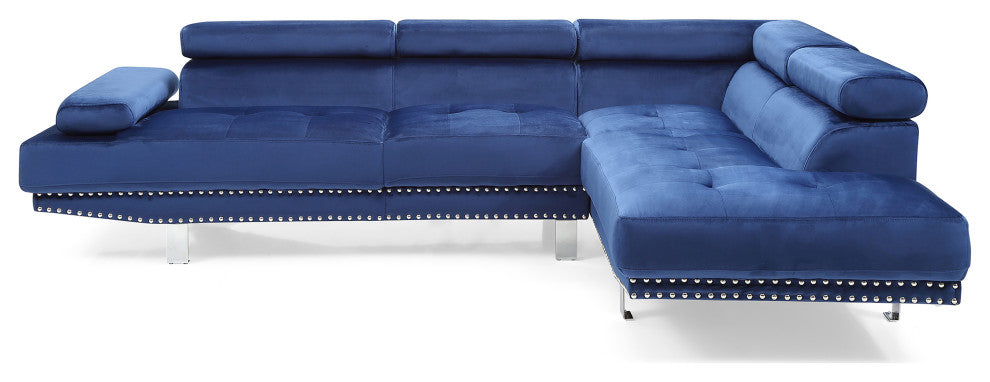 Derek 109" W 2 Piece Velvet L Shape Sectional Sofa, Navy Blue