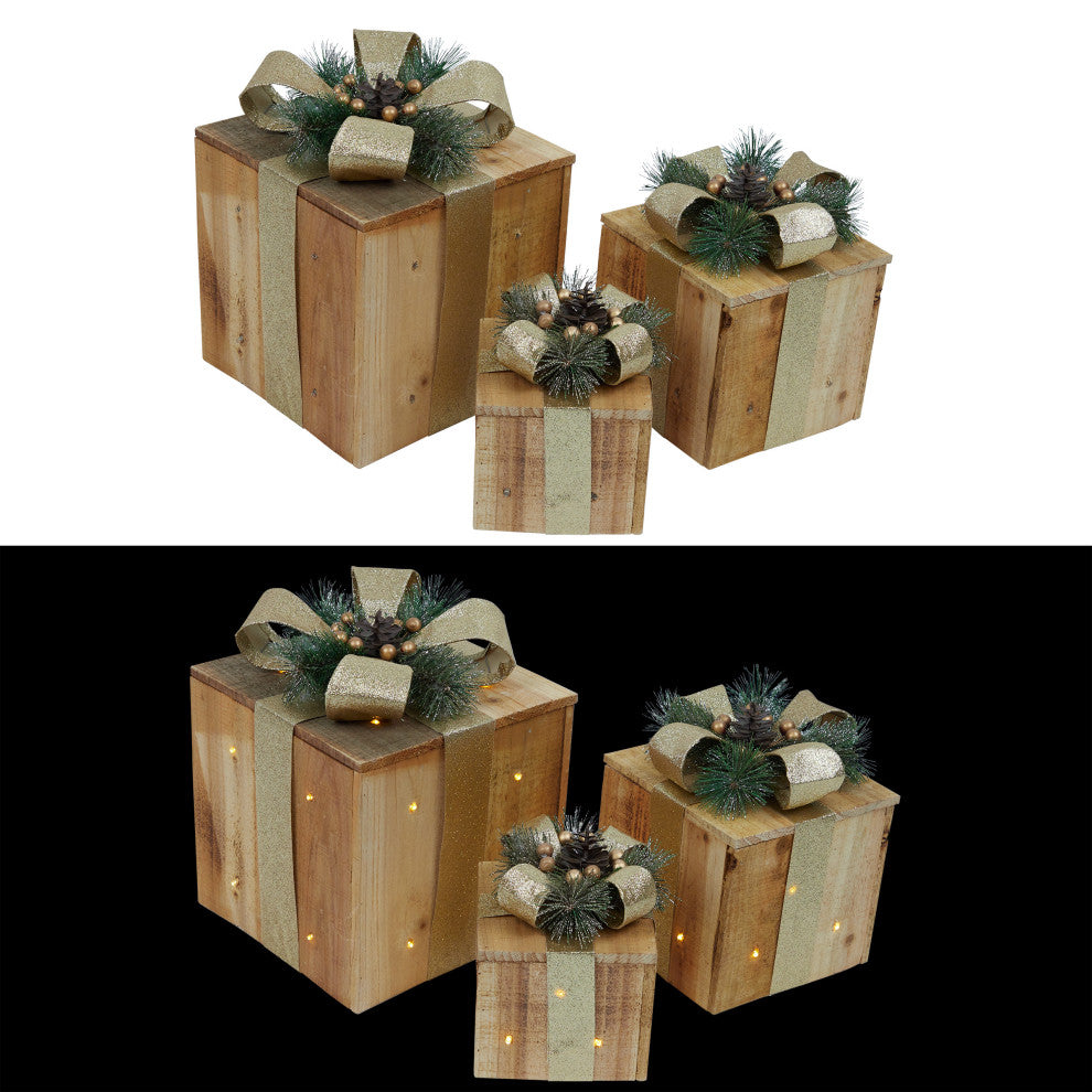 3-Piece Wooden Gift Box Christmas Decor with LED Lights, Gold