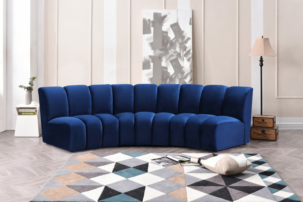 Infinity Channel Tufted Velvet Modular Chair, Navy, 3 Piece