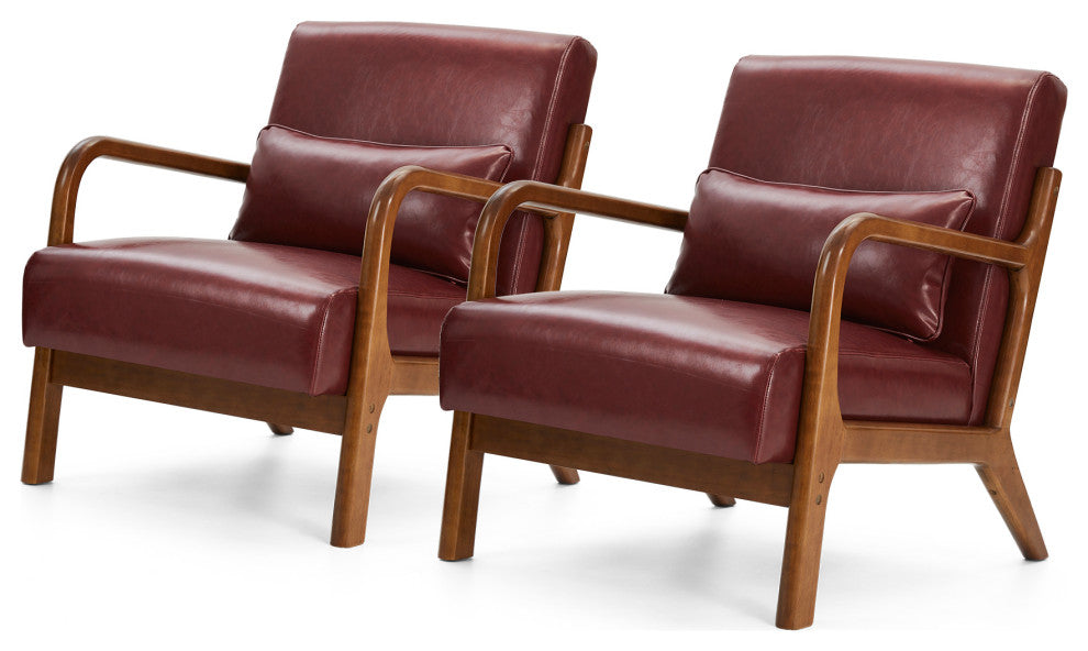 Mid-Century Modern Leatherette Accent Armchair, Set of 2, Burgundy