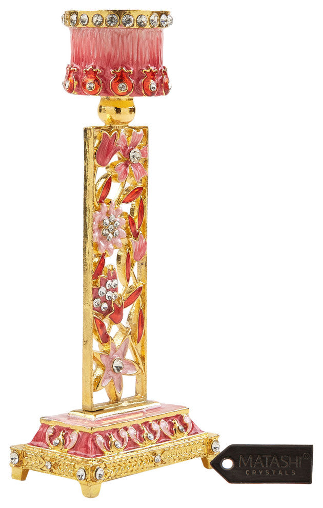 Matashi Shabbat Candlestick Holder (2-Piece Set) Hand-Painted,  Pewter (Red)