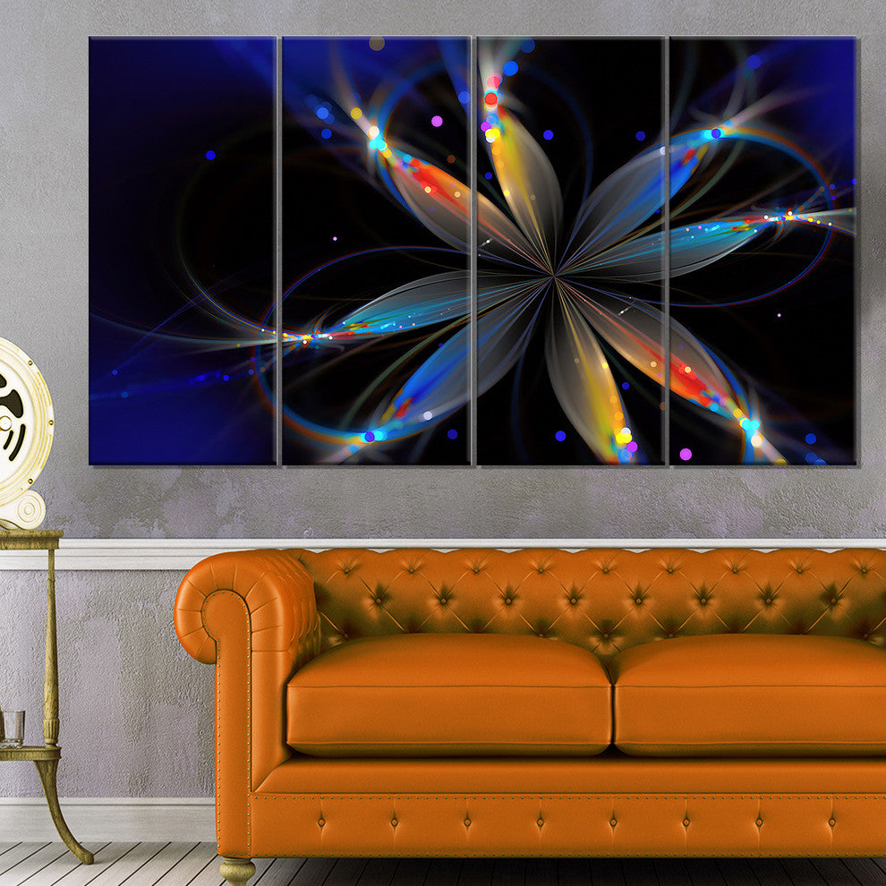 Abstract Fractal Flower on Black, Floral Canvas Print, 48"x28", 4 Panels