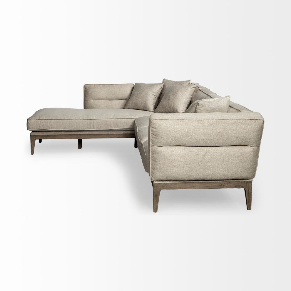 Denali III Beige Fabric, Solid Wood Frame Sectional Sofa, Cream/Brown, Left