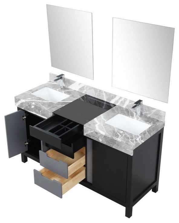 Zilara 60" Black and Grey Double Vanity Set, Monte Chrome Faucet Set
