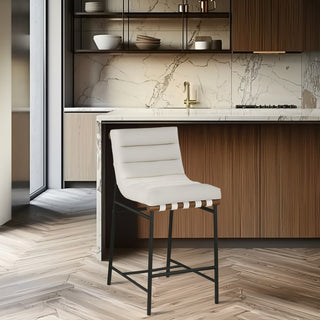 Burke Counter Stool, Cream, Vegan Leather, Walnut Veneer Metal Dowel