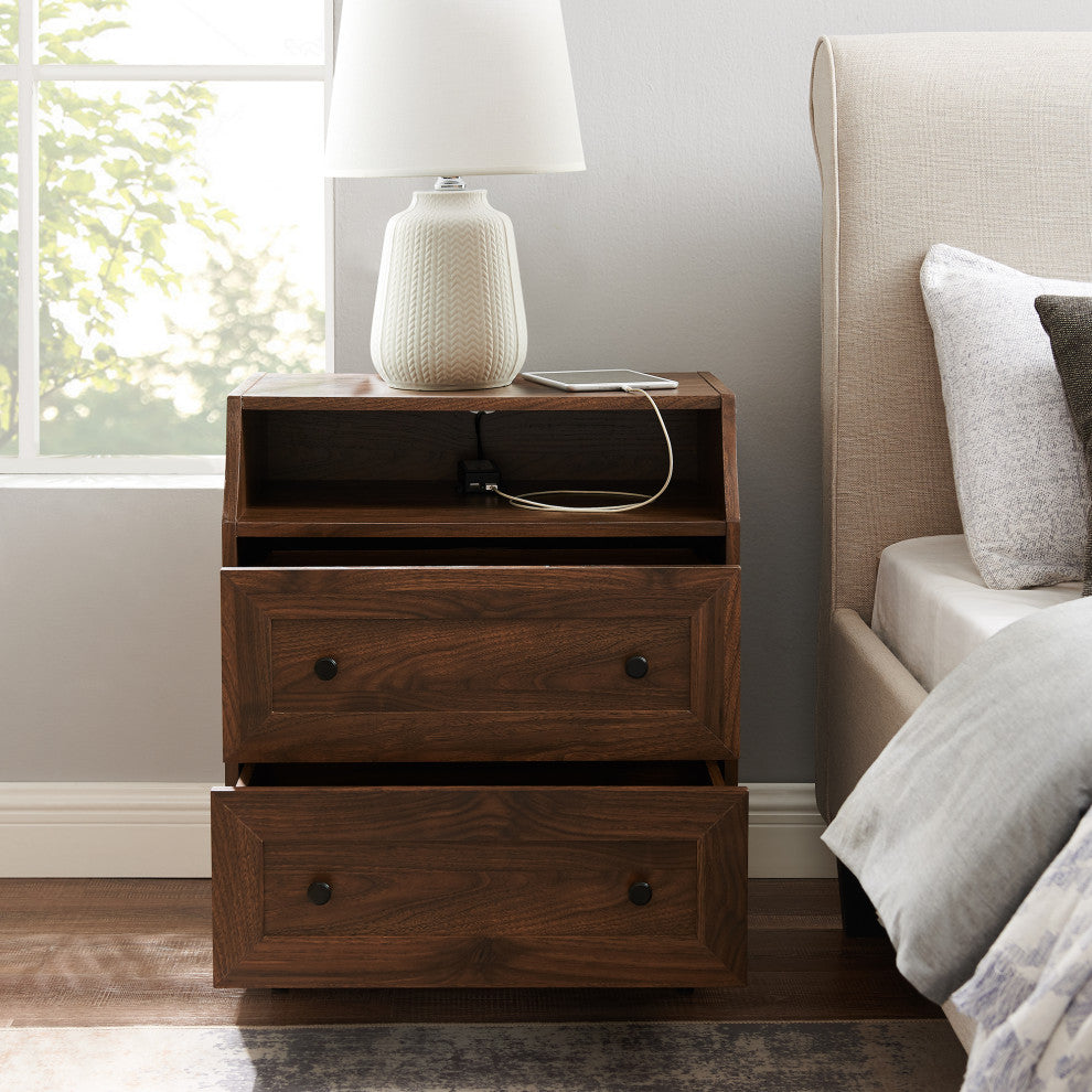 22" Curved Open Top 2 Drawer End Table With USB, Dark Walnut