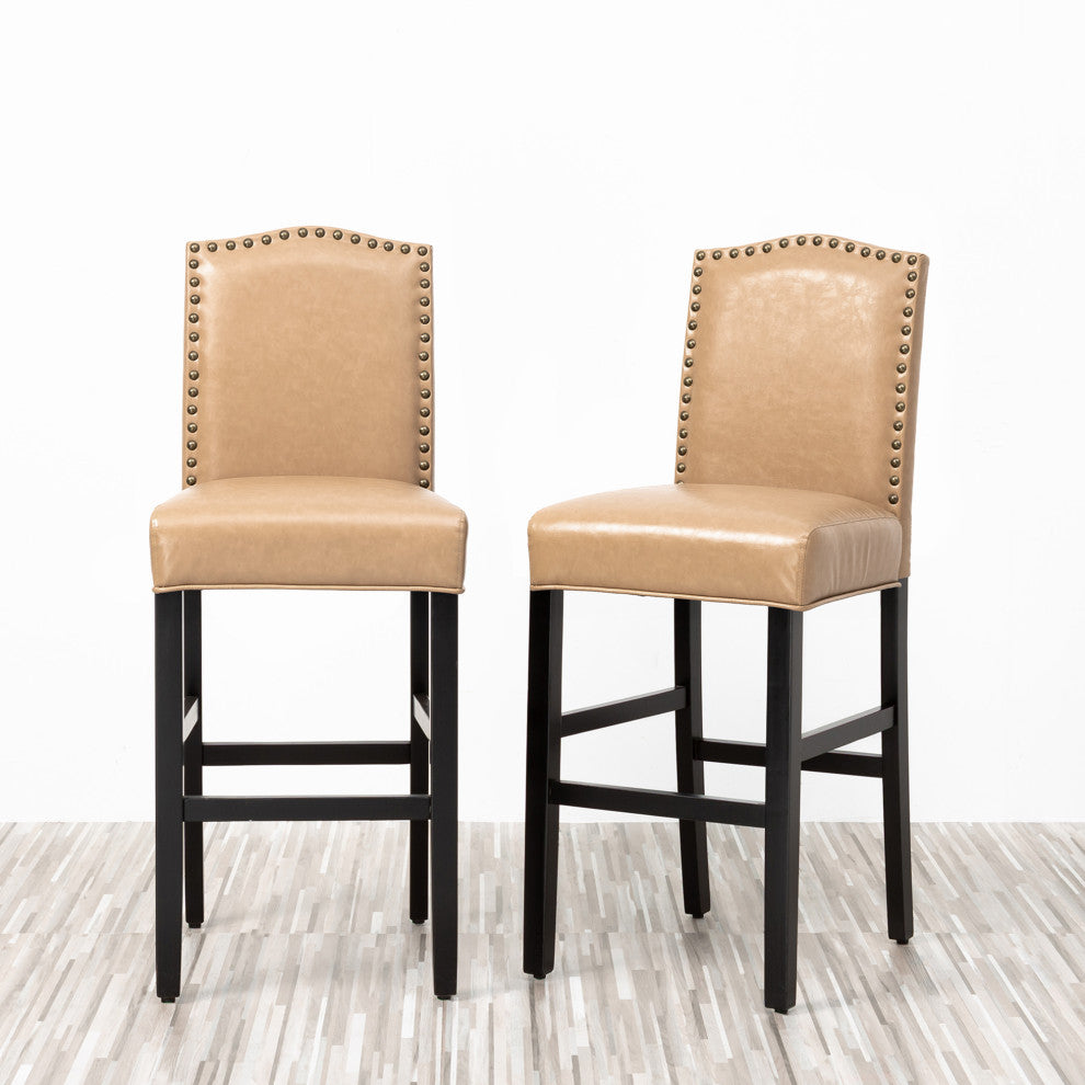 Upholstered PU Bar Chair With Studded Decor, Set of 2, Beige