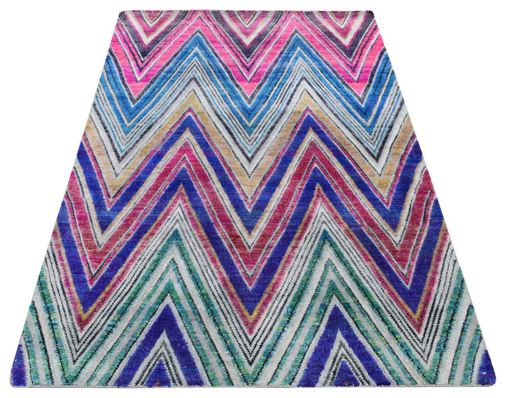 Hot Pink, Hand Knotted, Chevron Design, Silk With Wool, Rug, 4'x6'2"