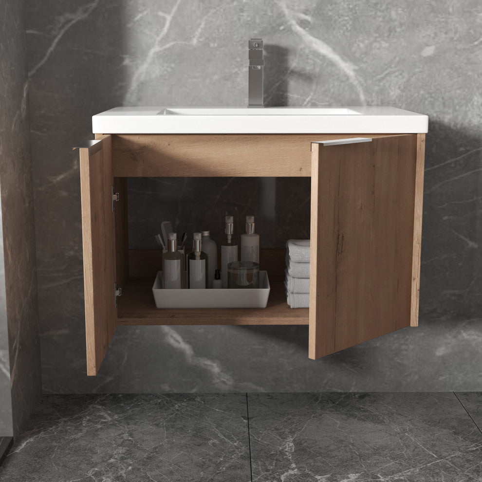 Bath Vanity Set, Imitative Oak, Resin Vanity Top, White, White Basin