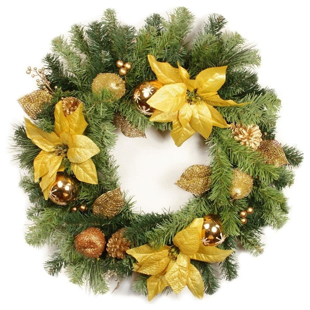 24" Gold Poinsettia, Apple and Berry Christmas Wreath, Unlit