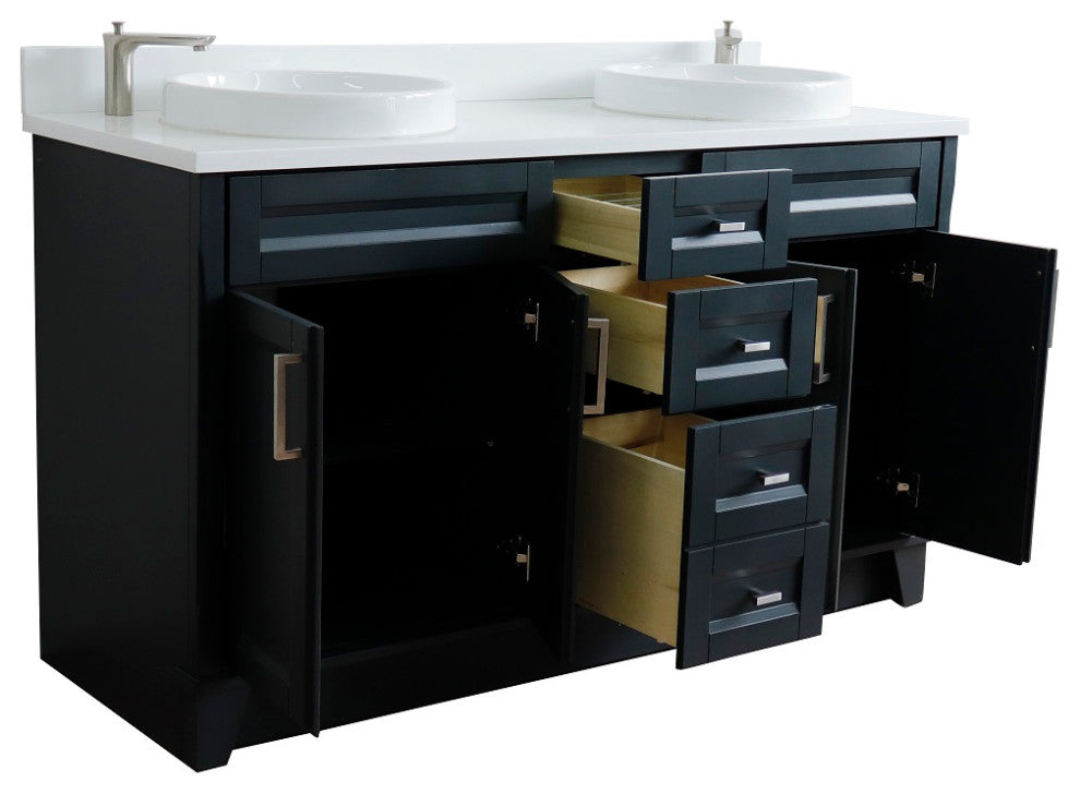 61" Double Sink Vanity, Dark Gray Finish And Engineered Stone Top And Round Sink