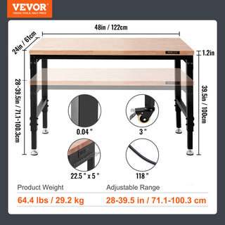 VEVOR Adjustable Height Workbench 48"L x 24"W Table With Power Outlets