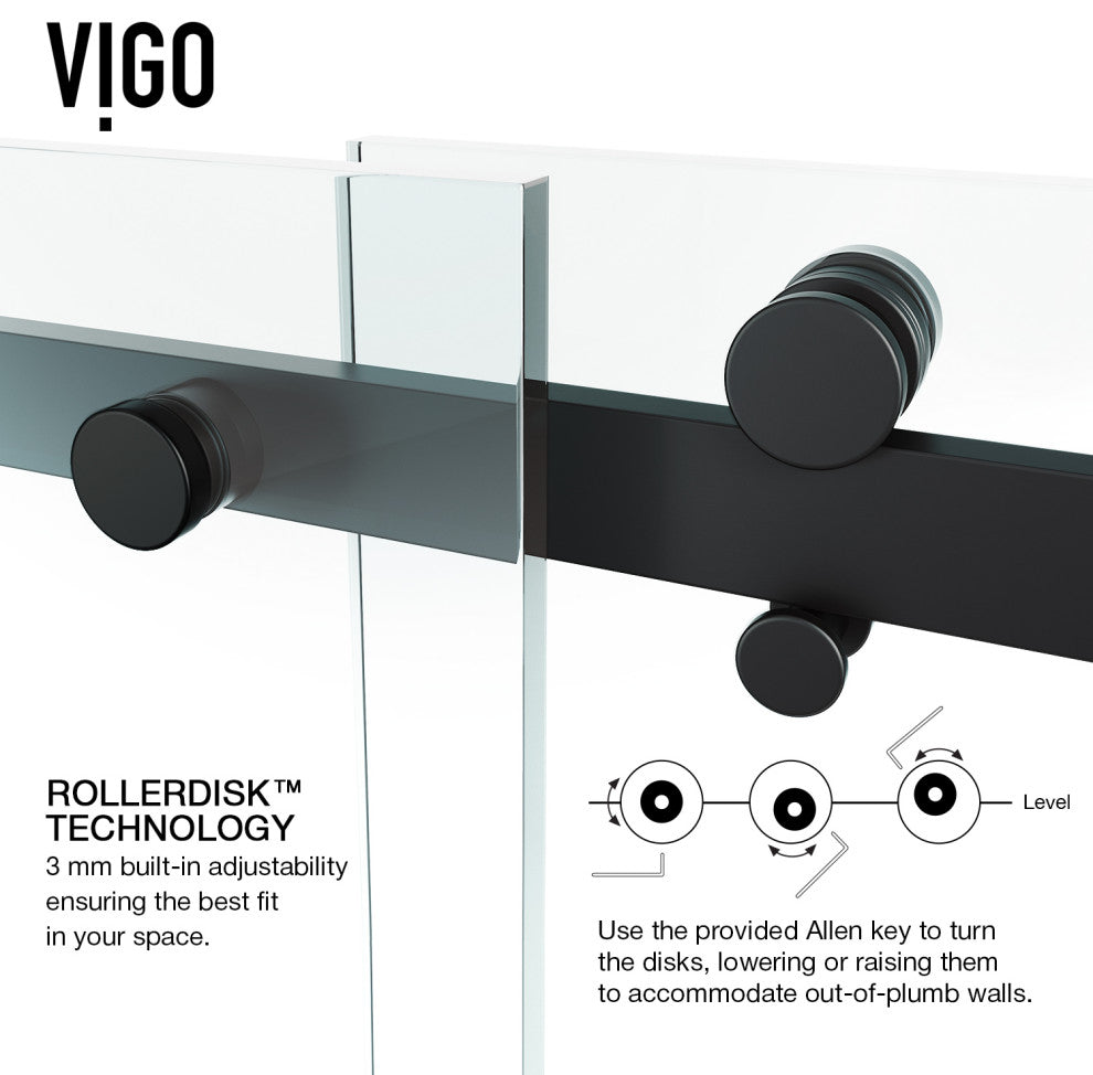 VIGO Luca 56" to 60" W x 79" H Frameless Sliding Shower Door, Matte Black, Clear Glass