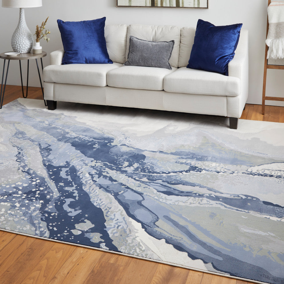 Takara Modern Abstract, Blue/Gray/Ivory, 9'x12' Area Rug
