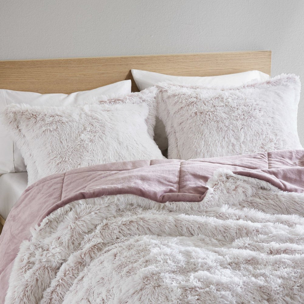 Malea Shaggy Faux Fur Comforter Mini Set in Pink/White Color