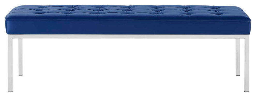 Modern Accent Chair Bench, Faux Vinyl Leather Metal Steel, Grey Gray Silver, Navy