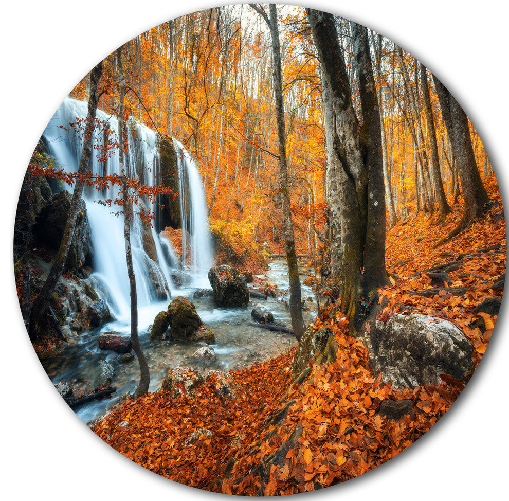 Autumn Mountain Waterfall Close View, Landscape Disc Metal Artwork, 36"