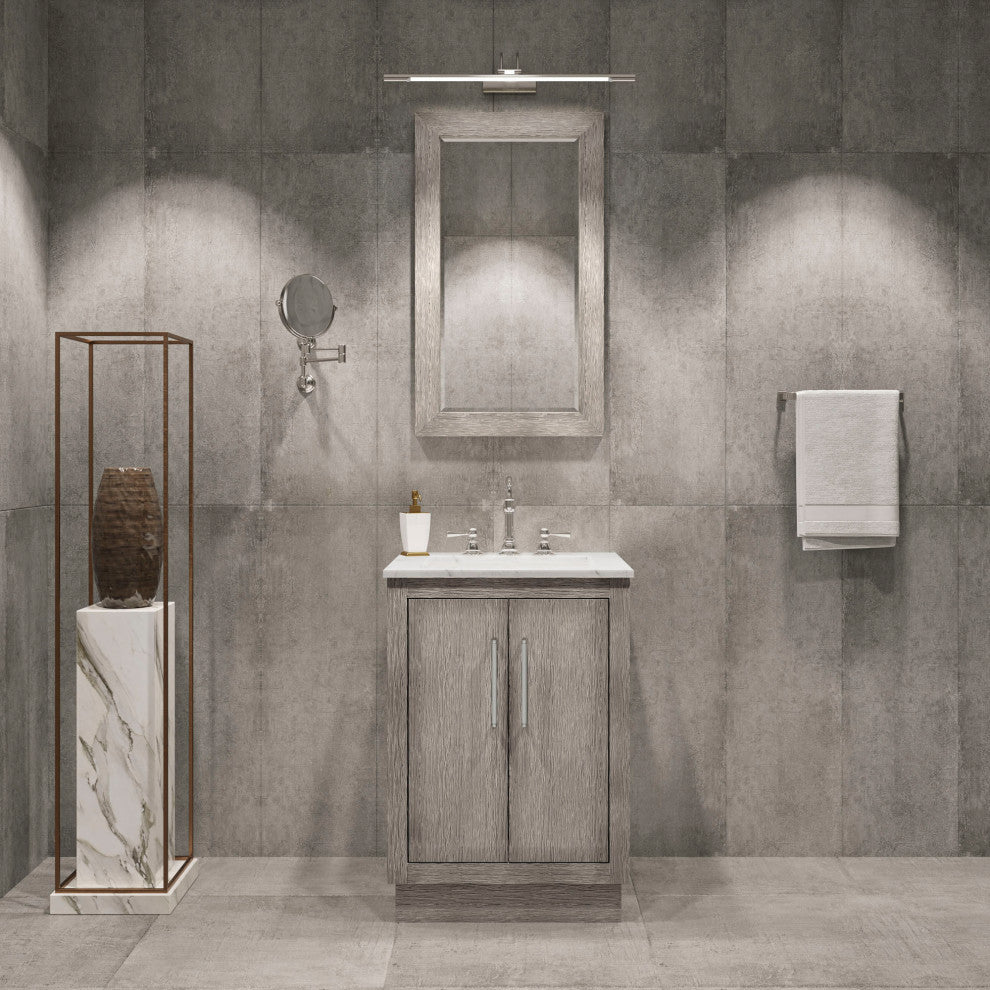 Hugo 24 Single Sink White Marble Countertop Vanity, Gray Oak With Hook Faucet