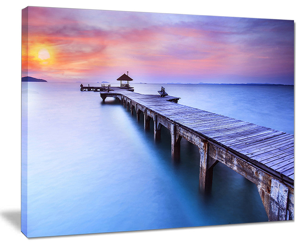 "Beach With Blue Waters and Wood Bridge" Sea Pier Wall Art Canvas Print, 20"x12"