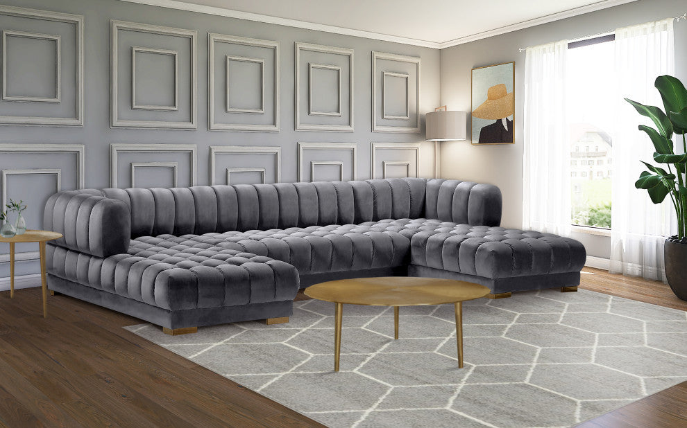 Gwen Biscuit Tufted Velvet Upholstered 3 Piece Sectional, Gray