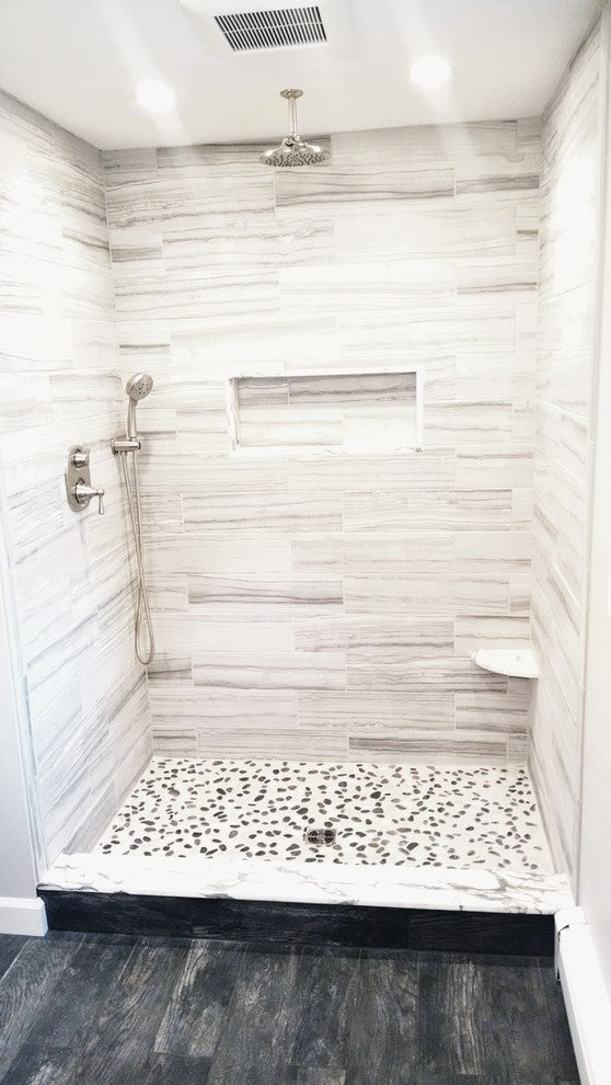 Natural River Stone, Black & White Pebbles, 12x12 Mesh Backing for Showers
