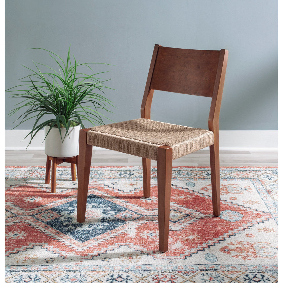 2 Pack Dining Chair, Wood Frame With Handwoven Rope Seat & Curved Back, Brown