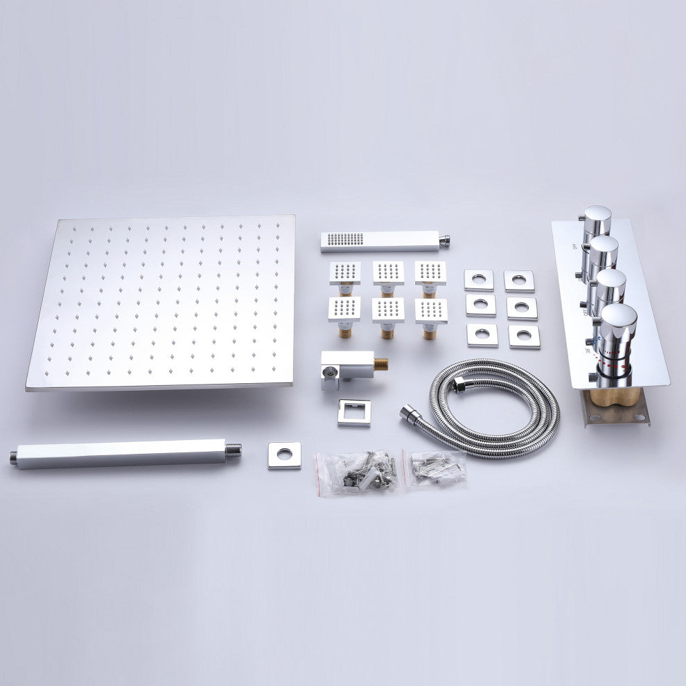 Thermostatic Rain Shower System with Hand Shower & Body Jets-Chrome