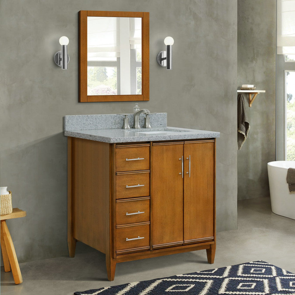 37" Single Vanity, Walnut Finish With Gray Granite